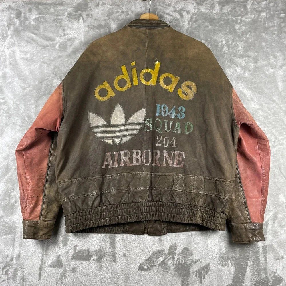 Vintage 80s Adidas Leather Jacket Mens L Brown Airborne Squad 1943 Bomber